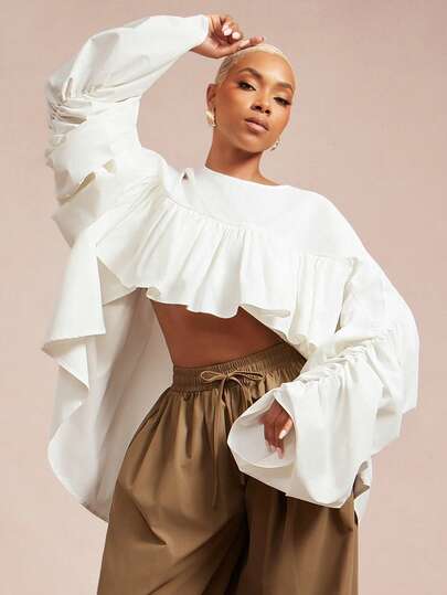 Vixey Solid Woven Ruched Hi Low Hem Ruffle Top