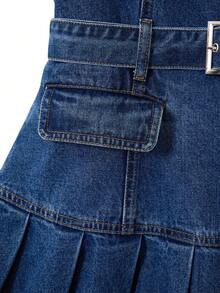 GlowEve 夏季休闲无袖褶裥下摆系带牛仔连衣裙 - 藍色 - 查看 6