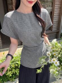 DAZY 女士休闲格子收腰衬衫，夏季 - 棕色 - 查看 1