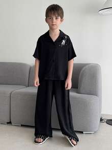 DAZY Tween Boy Botanical Print Short Sleeve Button-Up Top And Pants Pajama Set - Black - View 4