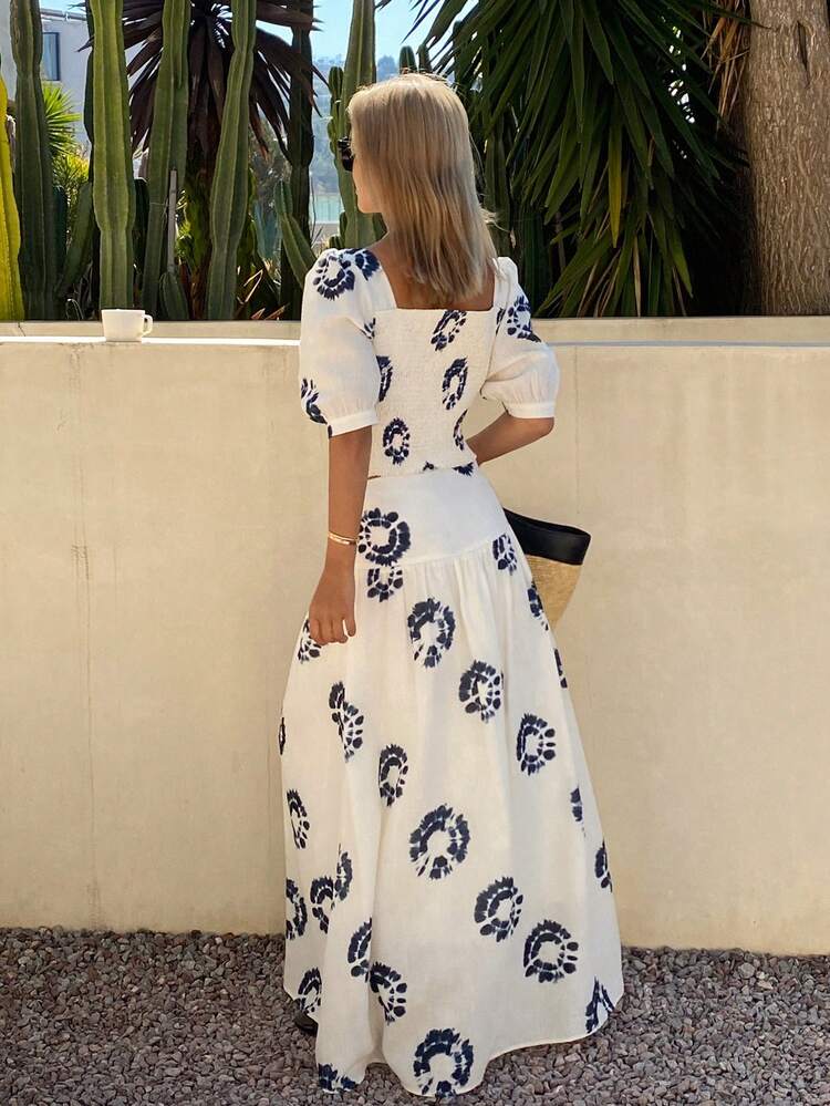 Tie-Dye Print Cropped Cable Petal Sleeve Pullover Shirt & Long Umbrella Skirt Elegant Summer 2-Piece Set For Women