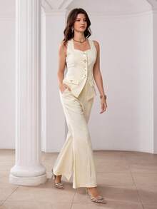 Modelyn 时尚简约金属扣修身无袖背心和喇叭裤女士休闲套装 - 杏色 - 查看 6