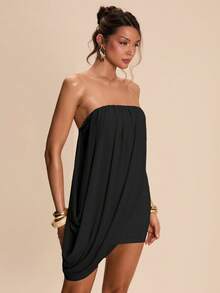 SHEIN BAE Robe mini enveloppante froncée sans manches nude, élégante pour les vacances, les fêtes, la plage, les banquets, le printemps/l'été - Noir - Voir 4