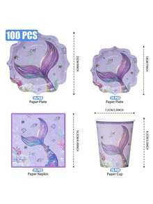 Purple Large Fish Tail Petal-Shaped Ocean-Themed Disposable Plates, Napkins, And Cups, Disposable Paper Plate Set (100pcs), Many Choices, Very Suitable For Birthday Parties, Family Picnics, Weddings And Other Gatherings. - Multicolor - View 2