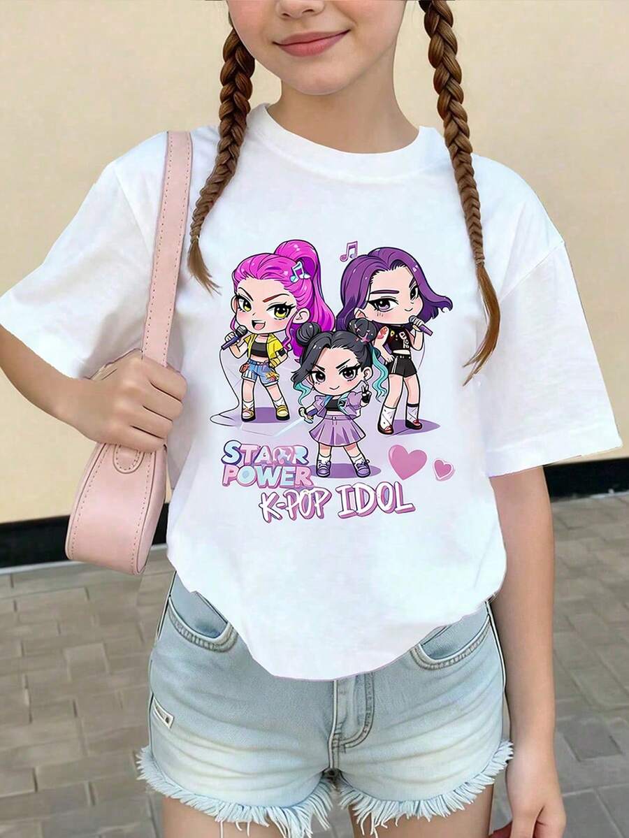 Áo thun ngắn tay cổ tròn in họa tiết hoạt hình K-POP hình ngôi sao, phối màu, thích hợp cho bé gái mặc hàng ngày và đi nghỉ mát, mùa xuân/hè/mọi mùa. - trắng - Xem 1