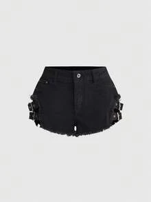 ROMWE Y2K性感极简低腰毛边系带休闲街头风女式牛仔短裤，春夏款 - 黑色 - 查看 2