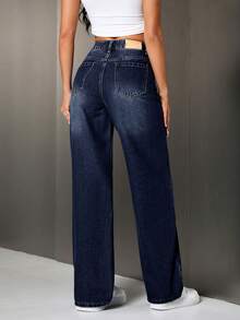 SHEIN Tall Women's Casual Washed High Waist Straight Leg Jeans - Dark Wash - View 2