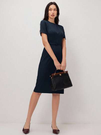 BizChic Black & Apricot Round Neck Pullover Dress With Invisible Zipper Waist Belt Decor, Versatile For Spring/Summer Wear, Suitable For Easter, St. Patrick's Day, Commuting, Daily, Casual, Romantic 90s Retro, Party, Beach, Graduation, Holiday, Wedding Guest, Bridesmaid, Hostess Short Sleeve Dress For Women Basic Dress Casual Midi Dress