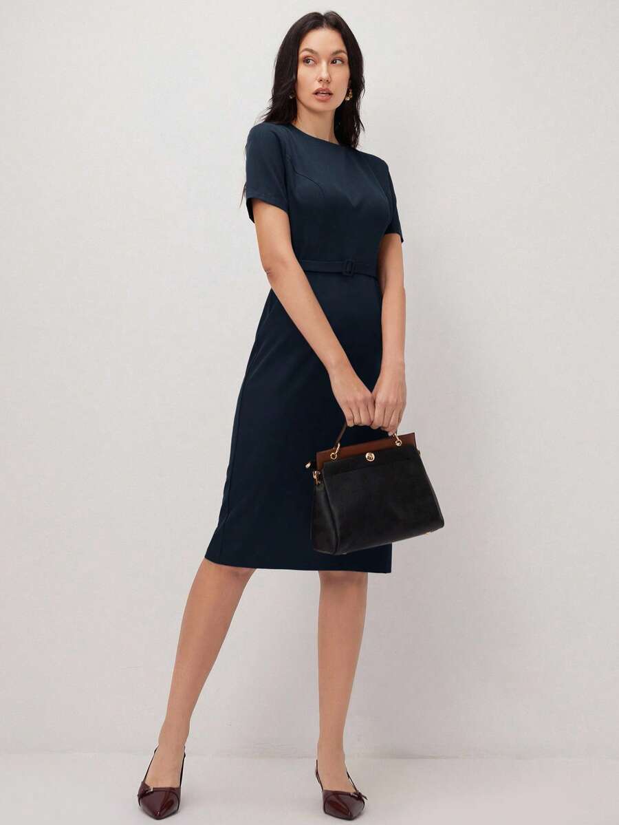 BizChic Đầm cổ tròn màu đen và mơ với khóa kéo ẩn và thắt lưng, đa năng, phù hợp cho công sở, tiệc tùng, thường ngày, lãng mạn, phong cách Y2K, retro thập niên 90, dự tiệc, đám cưới, phù dâu, chủ nhà, mặc hàng ngày. - Màu xanh hải quân - Xem 1