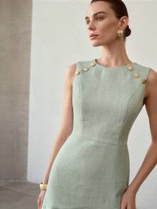 MOTF PREMIUM VÅR/SOMMAR ÄRMLÖS MIDJA ELEGANT FISKSVANSFÅLL MED METALLSPÄNNE OCH ACCENT, GRACEFUL OCH SOFISTERIKERAD, BLÅGRÅ - Ljusgrön - Visa 4