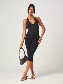 MISSGUIDED Women's Sleeveless Deep Plunge Halter Neck Backless Black Top With Tie Detail For Evening Party Occasions - Black - View 3