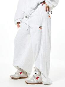 SUMWON X PAUL FRANK SUMWON WOMEN 女士宽松慢跑运动裤，猴子图案印花，宽松阔腿，休闲居家裤，秋冬舒适裤装 - 灰色 - 查看 2
