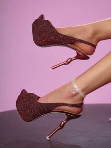 CUCCOO LuxiPop Sandalias de tacón alto glamorosas para ocasiones especiales con diseño de hebilla y suela gruesa brillante para mujer - Burdeos - Ver 1