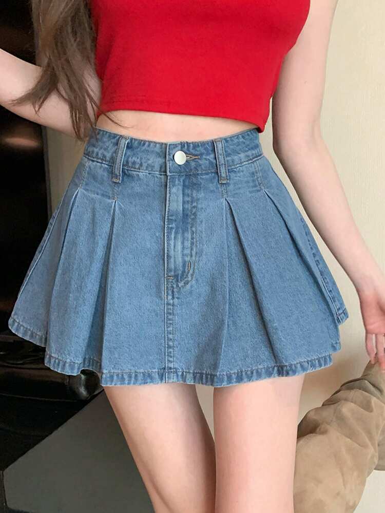 Women's Low-Waist Pleated Mini Skirt, Urban Casual Elegant Denim A-Line Skirt