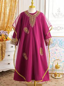 2pcs/Set Girls' Middle Eastern Style Long Robe Set, Apricot Color, Long Sleeve Children's Festival Outfit - Purple - View 3