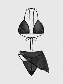 ROMWE Grunge Punk 3pcs Gothic Punk Music Festival Racy Triangle Bra, Thong Panty, And Asymmetric Skirt Sexy Lingerie Set - Black - View 2