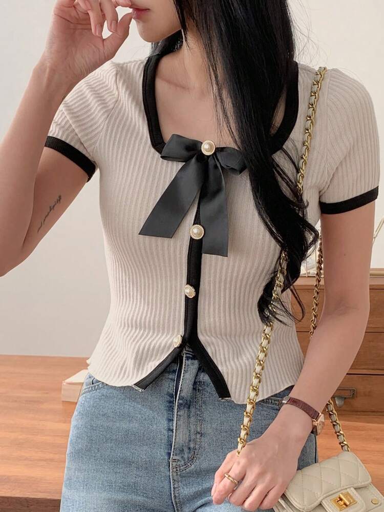 Women's Summer Square Neck Color Block Bow Tie Splice Short Sleeve Casual Elegant T-Shirt