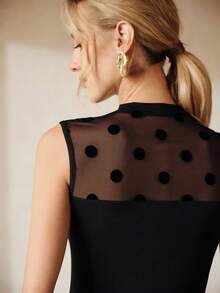 Anewsta New Elegant Fashion Casual Holiday Party Sexy Outing Professional Versatile Polka Dot Mesh Splice Elastic Fitted Sleeveless Women Tank Top, Spring/Summer - Black - View 11