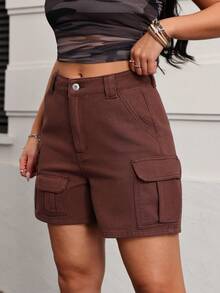 Jeanoix Pantalones cortos de mezclilla casuales y sueltos de talle alto con múltiples bolsillos para mujer - Marrón - Ver 3