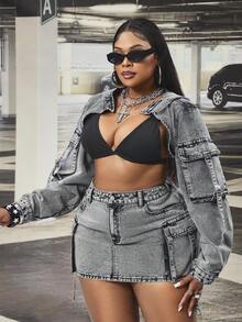 Slaydiva Sexy Vintage Washed Denim Long Sleeve Jacket - Grey - View 4