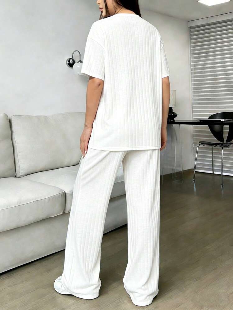 Conjunto informal de dos piezas, elegante traje bohemio de verano para mujer, de talla grande, con top holgado y pantalones anchos holgados. - Blanco - Añade 2