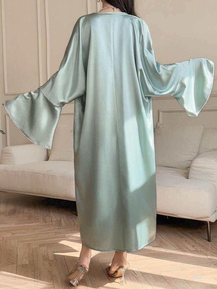 Women's Elegant Solid Color Round Neck Sleeveless Dress With Belt & Flare Sleeve Robe, 2-Piece Set, Spring/Summer