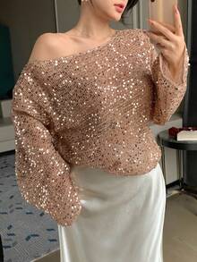 DAZY Loose Lace Knit Sweater For Women, Sheer Lightweight Luxury Sparkle Long Sleeve Top - Khaki - View 5