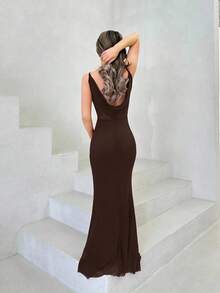 Jemour Váy maxi lưới dài hở lưng, cổ xếp ly, màu đỏ tía lãng mạn cho ngày lễ tình nhân dành cho nữ - màu nâu - Xem 2