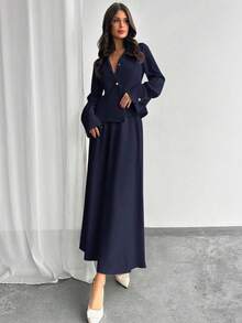 Firerie Women's Solid Color Long Sleeve Single-Breasted Jacket And Midi Skirt Elegant Suit Blazer Skirt Set - Navy Blue - View 3