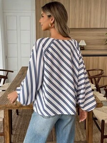 Louniche Áo thun nữ tay raglan kẻ sọc dáng suông, cỡ tiêu chuẩn, thích hợp cho kỳ nghỉ xuân hè. - Nhiều màu - Xem 2