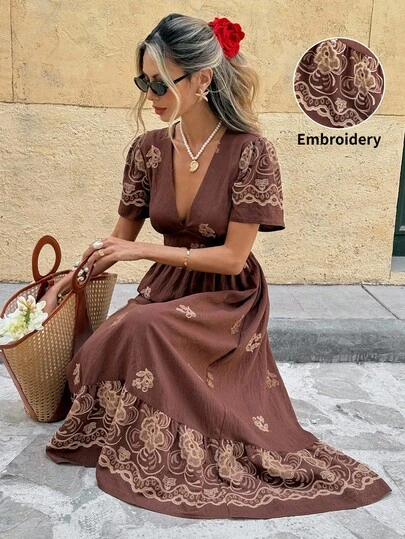 SHEIN Frenchy Women's Casual All-Over Print V-Neck Waist Cinched Short Sleeve Midi Dress, French Retro V-Neck Embroidered Dress,Waist-Cinching And Slimming Elegant Mid-Length Style,Trumpet Sleeve Elegant Summer New Arrivals,Contrast Color Floral Embroidery Trim Design,Brown Dress,Summer Holiday Outfits,Summer Dresses For Women,Vacation Outfits For Women,Casual Dress, Boho Dress, Beach Vacation Outfits For Women,Elegant Dresses Boho Embroidered Dress Brown Maxi Dress Brown Elegant Dress