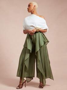 Vixey High Waist Textured Chiffon Fully Lined Culotte Pants - Army Green - View 3