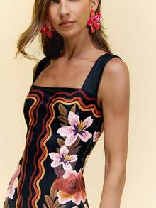 CAJUNI 女士休闲度假热带花卉印花黑色露肩针织中长连衣裙，约会连衣裙，优雅连衣裙，带口袋女士长款连衣裙，夏季长裙，吊带长裙 - 黑色 - 查看 6