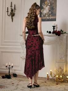 SHEIN MOD Áo kiểu nữ không tay, ôm dáng, thanh lịch, cổ đứng, xếp ly hình bướm, thắt nơ, màu mơ, thích hợp mặc mùa thu, áo công sở, áo dự tiệc, áo chuyên nghiệp, trang phục mùa thu. - Màu Đỏ Sâu - Xem 3