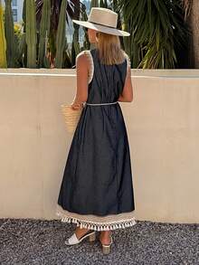 DAZY Women's Round Neck Ruched Casual Party Washed Denim Dress - Blue - View 4