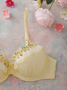 Cream Yellow Bra With Embroidered Lace, Lift And Enhance Underwire Bra - Yellow - View 3