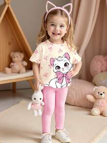 Bộ 2 món cho bé gái sơ sinh, áo thun và quần in hình mèo con dễ thương và nơ, thoải mái mặc hàng ngày, thích hợp cho mùa xuân, hè và thu. - Nhiều màu - Xem 6
