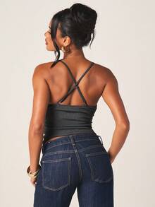 MISSGUIDED Top de canalé con encaje delicado y tirantes cruzados en la espalda, un top sin mangas casual para usar a diario - Gris - Ver 2