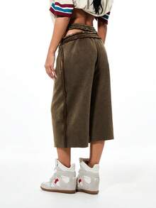 SUMWON WOMEN 女士高腰阔腿抽绳短裤，双层腰带设计，橄榄绿休闲夏季棉质百慕大裤 - 棕色 - 查看 2