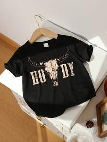 Niño pequeño Casual Minimalista Camiseta de manga corta con estampado de cabeza de buey y letras de dibujos animados, Verano, 95% algodón - Negro - Ver 2