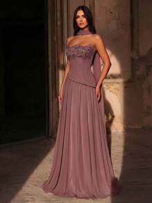 Glamrae Elegante vestido de gasa azul nebuloso de lujo con pedrería hecho a mano, 2 en 1 con cuello colgante de lentejuelas desmontable, adecuado para todas las ocasiones formales, elegante vestido de noche - Rosa vieja - Ver 4