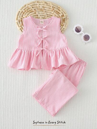 Cozy Pixies Baby Girl Blue & White Striped Crew Neck Sleeveless Top And Elastic Waist Pants 2-Piece Set