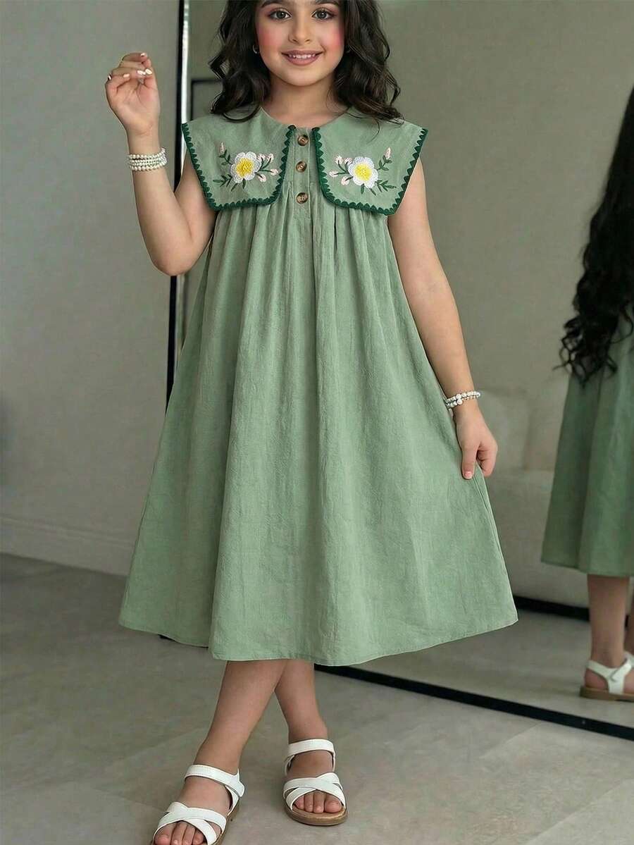 SHEIN Tween Girls/Tween Girl Girls Pastoral Floral Embroidered Pattern Ruffle Collar Puff Sleeve Dress,Versatile Round Neck Trim Contrast Color - Green - View 1