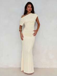 Aloruh 女士夏季休闲连衣裙，不对称领口设计，荷叶边装饰，修身鱼尾裙摆，优雅的米黄色简约办公通勤连衣裙，适合音乐节、下午茶、波西米亚风度假、海滩度假等场合。 - 淡黃色 - 查看 7