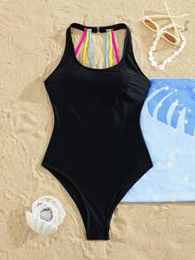 Swim Nautrix Women's Essential Black One-Piece Swimsuit,Summer Casual Gym Sleeveless U-Neck Backless Colorful Rope Monokini Halter Beach Pool Swimwear - Black - View 4
