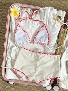 Costavie 女士沙滩套装，花卉图案印花，撞色滚边，时尚休闲度假性感甜美挂脖比基尼套装 - 彩色 - 查看 3