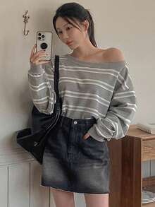 DAZY 水洗毛边牛仔A字裙，高腰宽松修身女士夏季牛仔裙 - 深灰色 - 查看 8