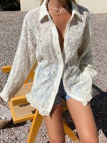 DAZY 纹理提花面料宽松长袖翻领休闲度假夏季女式衬衫 - 杏色 - 查看 5