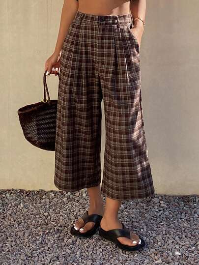 DAZY Contrast Color Plaid Loose 7/8 Pants, Casual Women Trousers For Spring & Autumn