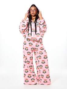 SUMWON X PAUL FRANK SUMWON WOMEN 女士超大款全拉链连帽衫，粉色猴子印花卫衣外套，街头都市时尚 - 粉色 - 查看 3